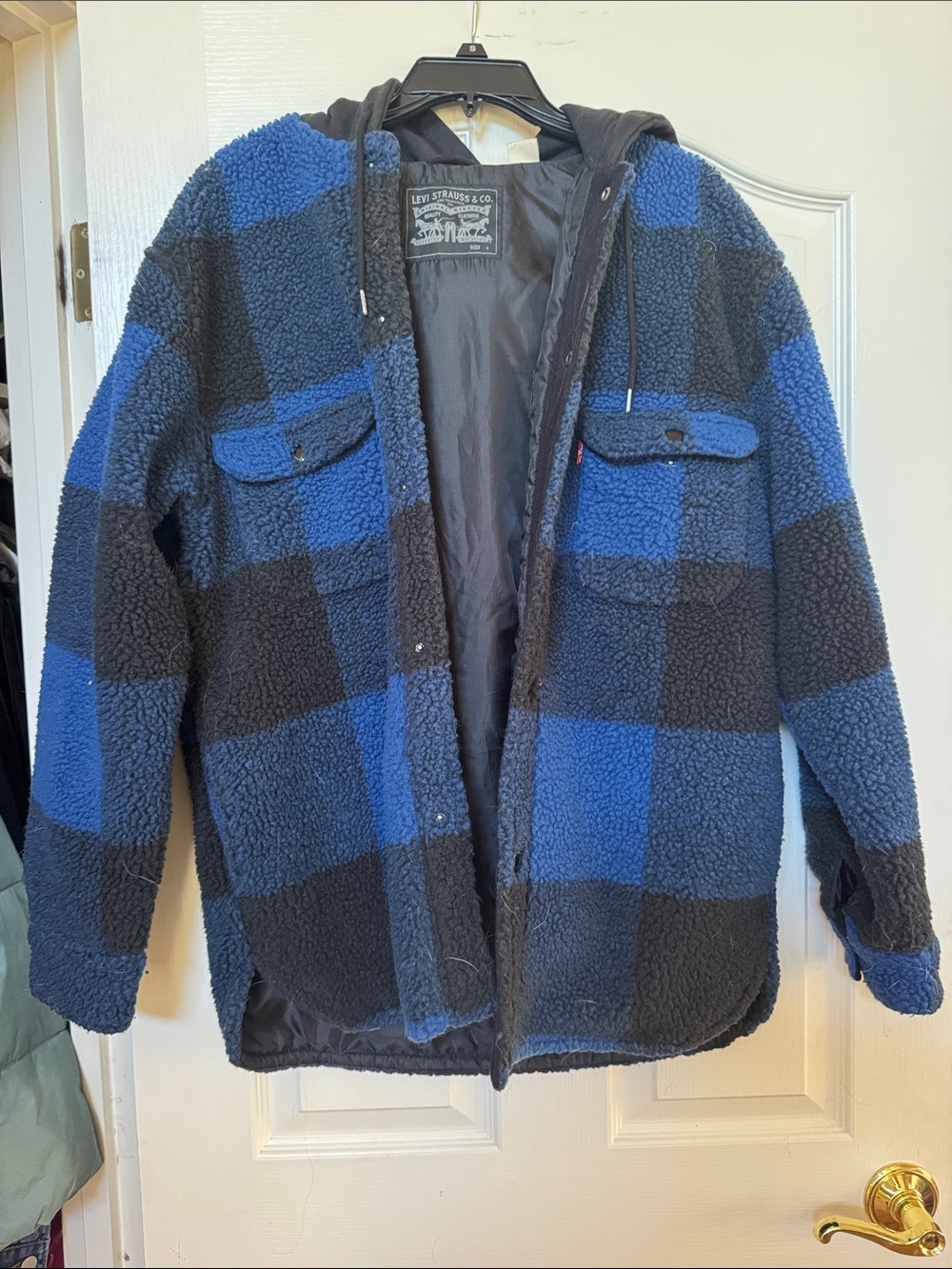 Levi's Blue and Black Sherpa Plaid Hooded Jacket
